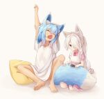  2girls absurdres animal_ear_fluff animal_ears arm_behind_head arms_up bangs barefoot blue_hair bow bowtie closed_eyes collarbone collared_dress cumianjun dress fang feet fox_ears fox_girl fox_tail frilled_dress frills full_body gradient_hair hair_over_one_eye highres long_hair maid_headdress multicolored_hair multiple_girls open_mouth original oversized_clothes oversized_shirt pillow pink_dress pink_hair ponytail pout red_bow red_bowtie red_eyes seiza shirt short_sleeves simple_background sitting skin_fang soles stretch tail tail_brushing toes very_long_hair white_background white_hair white_shirt 