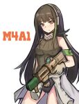  1girl armband bad_gun_anatomy black_hair black_panties blush breasts character_name closed_mouth clothes_around_waist girls&#039;_frontline gloves green_vest grey_gloves headset highres jacket jacket_around_waist long_hair looking_at_viewer m4a1_(girls&#039;_frontline) medium_breasts multicolored_hair omurainu panties simple_background solo streaked_hair underwear vest white_background yellow_eyes 