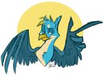  absurd_res avian beak blue_body blue_eyes blue_feathers burnin-dove eyebrows feathered_wings feathers feral finger_gun friendship_is_magic gallus_(mlp) gesture gryphon half-closed_eyes hasbro hi_res male my_little_pony mythological_avian mythology narrowed_eyes raised_eyebrow smile solo wings 