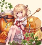  1girl bangs bare_legs barefoot black_bow black_ribbon blonde_hair bloomers blush bow closed_mouth collarbone crystal dot_mouth dot_nose dress eyebrows_visible_through_hair eyelashes flandre_scarlet flat_chest food frilled_sleeves frills fruit hair_ribbon highres holding holding_ladle honey honeypot jar knees kure~pu ladle lemon lemon_slice minigirl no_hat no_headwear one_side_up pancake puffy_short_sleeves puffy_sleeves rainbow_order red_dress ribbon short_sleeves sidelocks sitting solo touhou tress_ribbon underwear wings 