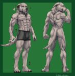  2018 4_toes 5_fingers abs anthro athletic athletic_anthro athletic_male back_muscles barefoot black_nose boxers_(clothing) bulge butt canid canine canis claws clothed clothing digital_media_(artwork) domestic_dog feet fingers front_view fur grey_body grey_fur hi_res hindpaw humanoid_hands hunting_dog irish_wolfhound laskey looking_at_viewer looking_back looking_back_at_viewer male mammal mature_anthro mature_male model_sheet monstrovod nude paws pecs plantigrade rear_view sighthound signature solo standing toes topless topless_anthro topless_male underwear 