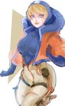  1girl absurdres apex_legends bangs blonde_hair blue_bodysuit blue_gloves blue_headwear bodysuit breasts cable clenched_hands gloves highres hood hooded_jacket jacket medium_breasts mozu_(kingkingg) orange_jacket ribbed_bodysuit scar scar_on_cheek scar_on_face sketch solo wattson_(apex_legends) white_background white_bodysuit 