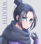  1girl apex_legends bangs black_bodysuit black_gloves black_hair black_scarf blue_eyes bodysuit character_name clenched_hand from_side frown gloves hair_behind_ear hair_bun looking_to_the_side parted_bangs portrait raid_(minmiru) scarf solo v-shaped_eyebrows wraith_(apex_legends) 
