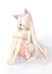  1girl absurdres animal_ear_fluff animal_ears bangs bare_shoulders barefoot blush collarbone cumianjun dress feet fox_ears fox_girl fox_tail grey_hair hair_over_one_eye highres long_hair no_panties original pleated_dress red_eyes short_dress simple_background sitting sleevless solo spaghetti_strap sundress tail tail_hug toes very_long_hair white_background white_dress 