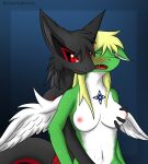  anthro black_body black_fur blonde_hair blush breast_fondling breast_grab breast_play breasts demon dragon duo eyes_closed feathered_wings feathers female female/female fondling from_behind_position fur fur_markings furred_dragon giru_(artist) green_body green_fur hair hand_on_breast looking_at_another looking_at_partner looking_pleasured markings nesa_(drakeraynier) nipples open_mouth red_body red_eyes red_fur sex standing white_body white_fur wings yuri_(giru) 