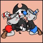  1:1 animate_inanimate anthro ball_fondling balls bendy_and_the_ink_machine bendy_straw bendy_the_dancing_demon black_body blush bodily_fluids bow_tie clothed clothed/nude clothing container cum cup cuphead_(character) cuphead_(game) demon digital_drawing_(artwork) digital_media_(artwork) erection fleischer_style_toon fondling footwear for_a_head fully_clothed genital_fluids genitals gloves group handjob handwear hi_res humanoid humanoid_genitalia humanoid_penis licking male male/male muffinlewds mugman nipple_fetish nipple_lick nipple_play nipple_suck nipples not_furry nude object_head open_mouth penile penis saliva saliva_string sex shoes sibling simple_background smile socks straw sucking tongue tongue_out toony two-handed_handjob video_games 