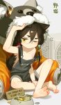  1girl absurdres animal_ears barefoot cat_ears copyright_request feet fur_trim hair_ornament highres indian_style money naked_overalls one_eye_closed overalls sitting solo tail tianliang_duohe_fangdongye 
