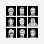  6+boys clenched_teeth domino_mask formaggio gelato ghiaccio glasses greyscale grid hat hat_bobbles highres illuso jojo_no_kimyou_na_bouken mask melone mitus monochrome multiple_boys pesci portrait prosciutto risotto_nero serious smirk sorbet straight-on teeth vento_aureo 