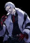  1boy absurdres belt black_pants divus_crewel earrings fang gloves highres jewelry kitikumeganer male_focus necktie pants pointer red_gloves red_necktie solo stud_earrings twisted_wonderland two-tone_coat two-tone_vest white_hair 