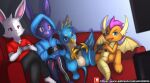  2019 absurd_res anthro avian blue_body blue_eyes bonnie_(fnaf) clothing controller crossgender dragon female fingers five_nights_at_freddy&#039;s friendship_is_magic furniture gallus_(mlp) gaming group gryphon hasbro hi_res holding_object hoodie lagomorph leporid male mammal my_little_pony mythological_avian mythology orange_body patreon playing_videogame purple_body rabbit red_eyes scalie scottgames sitting smolder_(mlp) sofa topwear video_games white_body wings winick-lim 