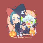  +_+ 2boys animal_ears animal_hands bell black_shorts blue_eyes blue_hair blush candle cape cat_boy cat_ears cat_tail chibi fangs gloves glowing green_eyes halloween halloween_costume hat highres holding holding_wand jack-o&#039;-lantern long_hair long_sleeves luoxiaohei monocle multiple_boys paw_gloves short_hair shorts suncle suspenders tail the_legend_of_luo_xiaohei wand white_hair witch_hat wuxian_(the_legend_of_luoxiaohei) 