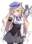  1girl ascot bangs beret black_gloves blonde_hair blue_ascot blue_eyes blue_headwear charlotte_belew collared_shirt cowboy_shot dragon eyebrows_visible_through_hair fingerless_gloves gloves grey_skirt hair_between_eyes hat highres long_hair looking_at_viewer machine-doll_wa_kizutsukanai open_mouth pleated_skirt shiro_youduki shirt sigmund_(machine-doll) simple_background skirt standing white_background white_shirt 