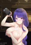  1girl amai-pai artist_name bare_shoulders blurry blurry_background blush bottle braid braided_ponytail breasts closed_mouth collarbone covering covering_breasts genshin_impact hand_up highres large_breasts long_hair looking_at_viewer mole mole_under_eye pixiv_id pouring_onto_self purple_eyes purple_hair raiden_shogun sake_bottle smile solo suggestive_fluid topless upper_body very_long_hair wet 