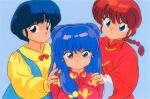  1980s_(style) 3girls bangs blue_background blue_eyes blue_hair braid braided_ponytail chinese_clothes double_bun genderswap genderswap_(mtf) hand_on_another&#039;s_shoulder long_hair long_sleeves looking_at_viewer multiple_girls non-web_source official_art purple_hair ranma-chan ranma_1/2 red_eyes red_hair retro_artstyle saotome_ranma shampoo_(ranma_1/2) short_hair simple_background smile tendou_akane 