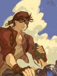  1boy aviator_cap battle_tendency binoculars brown_hair cloud cropped_jacket fingerless_gloves gloves goggles ground_vehicle hat highres holding holding_binoculars jojo_no_kimyou_na_bouken joseph_joestar joseph_joestar_(young) male_focus mitus motor_vehicle motorcycle muted_color short_sleeves solo 