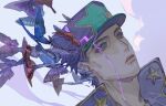  1boy black_hair blue_eyes bug butterfly hat highres jojo_no_kimyou_na_bouken kujo_jotaro male_focus mitus scar scar_on_face smoke solo spoilers star_(symbol) stone_ocean 