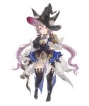  1girl character_request dress flat_chest gran_saga hair_between_eyes hat highres long_hair looking_at_viewer low_twintails open_mouth puffy_sleeves purple_hair red_eyes riesun simple_background solo standing standing_on_one_leg thighhighs twintails white_background witch_hat 