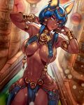  1girl animal_ears banned_artist blue_hair breast_curtains breasts chain cowboy_shot dark-skinned_female dark_skin egyptian facial_mark gold_chain head_chain highres jackal_ears large_breasts reiq revealing_clothes short_hair solo wide_hips yellow_eyes 