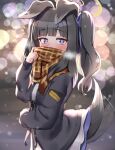  1girl alternate_costume animal_ears bangs black_hair black_jacket blue_archive blue_ribbon blurry blush bokeh brown_scarf commentary_request depth_of_field dog_ears dog_girl dog_tail dress eyebrows_visible_through_hair hair_ribbon halo hibiki_(blue_archive) jacket long_hair long_sleeves looking_at_viewer multicolored_hair purple_eyes ribbon scarf solo tail tail_wagging two_side_up ushimittsu white_dress white_hair 