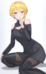  1girl asymmetrical_hair bare_shoulders black_dress black_footwear black_legwear blonde_hair boots breast_hold breasts cleavage clothing_cutout dress eyebrows_behind_hair green_eyes hand_on_own_knee hand_to_own_mouth highres idolmaster idolmaster_cinderella_girls long_sleeves looking_at_viewer medium_breasts miyamoto_frederica open_mouth pantyhose shiny shiny_clothes short_dress short_hair shougun_(chuckni1) shoulder_cutout simple_background single_sidelock sitting smile solo thigh_boots thighhighs turtleneck turtleneck_dress yokozuwari zettai_ryouiki 