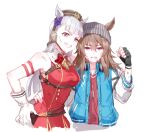 2girls animal_ears arm_around_shoulder armband bangs beanie black_gloves blue_jacket breasts brown_hair candy clenched_hand clenched_teeth cropped_torso dirty dirty_face dress fingerless_gloves food food_in_mouth gloves gold_ship_(umamusume) grin hand_on_another&#039;s_hip hand_on_another&#039;s_shoulder hand_up hat headphones headphones_around_neck high_collar horse_ears jacket jewelry lollipop long_hair looking_at_viewer medium_breasts multiple_girls nakayama_festa_(umamusume) necklace red_dress romi_(346_ura) simple_background sleeveless sleeveless_dress smile symbol-only_commentary teeth umamusume upper_body v-shaped_eyebrows white_background white_gloves white_hair 