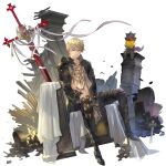  1boy absurdres blonde_hair blue_eyes boots chain character_request closed_mouth creature cross crown debris full_body gran_saga highres jacket jewelry looking_at_viewer multiple_rings open_clothes open_jacket pants riesun ring ruins short_hair simple_background sitting solo standing weapon white_background 