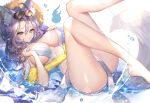  1girl absurdres animal_ears ass breasts cleavage closed_mouth eyewear_on_head green_eyes hair_between_eyes hands_on_own_chest highres hitowa large_breasts legs_up long_hair looking_at_viewer lying on_back silver_hair solo sunglasses tail water water_drop 