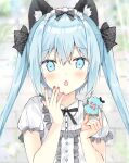  1girl :o animal_ear_fluff animal_ears bangs black_bow blue_eyes blue_hair blurry blurry_background blush bow center_frills collared_shirt depth_of_field eat_me eyebrows_visible_through_hair food frills hair_between_eyes hair_bow highres holding holding_food long_hair looking_at_viewer nail_polish open_mouth original plaid plaid_bow puffy_short_sleeves puffy_sleeves red_nails saeki_sora shirt short_sleeves solo twintails upper_body white_shirt 