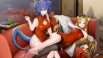  2girls :d absurdres animal_ears arknights bangs bare_arms bare_legs bare_shoulders barefoot black_coat blue_eyes blue_hair breasts bright_pupils ch&#039;en_(ageless_afterglow)_(arknights) ch&#039;en_(arknights) cleavage cleavage_cutout closed_mouth clothing_cutout coat couch covered_navel criss-cross_halter double_bun dragon_girl dragon_horns dragon_tail dress envelope eyebrows_visible_through_hair fang feet fur_shawl green_eyes hair_between_eyes halterneck highres holding horns indoors large_breasts leg_up long_sleeves looking_at_viewer lying medium_breasts multicolored_hair multiple_girls no_panties official_alternate_costume on_back on_couch open_clothes open_coat parted_bangs pelvic_curtain red_dress red_eyes red_hair single_thighhigh sitting sleeveless sleeveless_dress smile soles streaked_hair swire_(arknights) swire_(honor_and_splendor)_(arknights) tail thighhighs tiger tiger_ears tiger_girl tiger_tail toes two-tone_hair vamjulian 