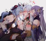  3girls after_kiss ahoge bell blue_hair blush breast_curtain breasts breath closed_eyes commentary cowbell detached_sleeves ear_blush eyebrows_visible_through_hair fff_threesome fingering ganyu_(genshin_impact) genshin_impact goat_horns grey_background group_sex hair_cones hair_ornament heavy_breathing horns keqing_(genshin_impact) large_breasts licking licking_ear long_hair looking_at_another multiple_girls negom nipple_tweak nipples open_mouth pussy_juice saliva saliva_trail shenhe_(genshin_impact) shoulder_blush simple_background sweat threesome tongue tongue_out twintails yuri 
