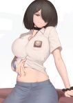  1girl black_hair breasts brown_eyes choker collared_shirt desk grey_skirt hair_ornament hair_over_one_eye hairclip hand_on_own_stomach highres indonesian_clothes large_breasts looking_at_viewer looking_down midriff navel open_mouth original parted_lips revian_samuel_dani school_uniform scrunchie shirt short_hair short_sleeves simple_background sitting skirt smile teeth white_background white_shirt wrist_scrunchie wristband 