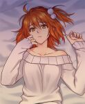  1girl ahoge bangs commentary_request eyebrows_visible_through_hair fate/grand_order fate_(series) fujimaru_ritsuka_(female) hair_between_eyes hair_ornament hair_scrunchie long_hair long_sleeves off_shoulder one_side_up orange_eyes orange_hair scrunchie side_ponytail zanshi 