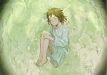  1girl air_bubble bad_id bad_tumblr_id bangs barefoot brown_hair bubble celry closed_eyes dress facing_viewer floating_hair from_side full_body haibane_renmei hands_on_own_knees hands_up highres hugging_own_legs knees_to_chest knees_up legs_together light_blush long_sleeves muted_color off_shoulder parted_lips rakka_(haibane) short_hair signature sleeping solo toes u_u underwater vignetting white_dress wide_sleeves 