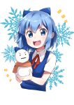  1girl :d bangs blue_bow blue_eyes blue_hair blush bow cirno collarbone collared_shirt commentary_request cropped_torso dress flat_chest hair_bow happy highres holding_snowman miz_(mizillustration) neck_ribbon no_wings notice_lines open_mouth pinafore_dress puffy_short_sleeves puffy_sleeves red_ribbon ribbon scarf shiny shiny_hair shirt short_hair short_sleeves smile snowflake_background snowman solo standing teeth tongue touhou upper_body upper_teeth white_background wing_collar 