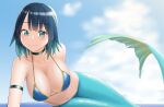  1girl bangs bikini blue_bikini blue_hair blue_sky blurry blush breasts cleavage closed_mouth cloud collarbone commentary_request day depth_of_field eyebrows_visible_through_hair fukami_nana gradient_hair green_eyes green_hair large_breasts looking_at_viewer medium_hair mermaid monster_girl multicolored_hair navel nawoto_oota ocean original shiny shiny_hair shiny_skin sky smile solo swimsuit 