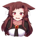  2021 animal_humanoid blush bodily_fluids brooch brown_hair canid canid_humanoid canine canine_humanoid clothed clothing cute_fangs female hair humanoid kagerou_imaizumi looking_at_viewer mammal mammal_humanoid mywool red_eyes simple_background solo tears touhou video_games white_background wolf_humanoid 