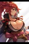  1girl baiken breasts cleavage eyepatch guilty_gear guilty_gear_strive highres japanese_clothes katana kuroi_susumu large_breasts letterboxed long_hair looking_at_viewer mouth_hold red_eyes red_hair scar scar_across_eye solo sword weapon 
