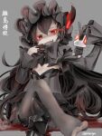  1girl abyssal_ship akino_shuu black_dress black_hair character_name dress fang frilled_sleeves frills glowing glowing_eyes grey_background hair_between_eyes isolated_island_princess kantai_collection long_hair open_mouth pale_skin red_eyes shaded_face simple_background smile solo 