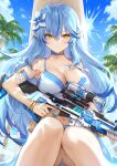  1girl bangs bikini blue_bikini blue_hair blue_sky blush bracelet breasts chinese_commentary cleavage closed_mouth cloud commentary_request day elf eyebrows_visible_through_hair flower gun hair_between_eyes hair_flower hair_ornament haoni highres holding holding_gun holding_weapon hololive jewelry large_breasts long_hair multicolored_hair outdoors palm_tree pointy_ears rifle sideways_glance sitting sky sniper_rifle solo streaked_hair swimsuit tree very_long_hair virtual_youtuber weapon white_footwear yellow_eyes yukihana_lamy 