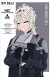  1girl absurdres an-94 an-94_(girls&#039;_frontline) assault_rifle bangs black_gloves blonde_hair blue_eyes character_name closed_mouth defy_(girls&#039;_frontline) english_text eyebrows_visible_through_hair girls&#039;_frontline gloves gun hairband highres holding holding_gun holding_weapon long_hair looking_at_viewer mod3_(girls&#039;_frontline) ponytail rifle simple_background solo standing tactical_clothes tigger_drawing upper_body weapon 