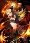  1girl absurdres ahoge arm_up armpits bangs belt black_gloves black_legwear breasts cape circlet clenched_hand commentary_request commission cowboy_shot crop_top elbow_gloves erugat feather_trim fire fire_emblem fire_emblem_awakening fire_emblem_heroes floating_hair gloves gold_trim green_hair highres index_finger_raised long_hair looking_at_viewer midriff multiple_belts navel nowi_(fire_emblem) official_alternate_costume open_mouth pantyhose parted_bangs pelvic_curtain pointy_ears ponytail purple_eyes red_belt sidelocks skeb_commission small_breasts solo standing teeth thank_you upper_teeth 