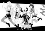  4girls :d animal_ear_fluff animal_ears bangs bare_arms bare_shoulders belt beret boots bubble_blowing chewing_gum collar commentary fang fleeing from_side greyscale hair_between_eyes hair_ornament hairclip hands hat highres hololive horns la+_darknesss lion_ears lion_girl lion_tail long_hair long_sleeves looking_back metal_collar midriff monochrome multiple_girls navel noise_(tsuzuki) o-ring o_o off_shoulder oozora_subaru open_mouth pantyhose pointy_ears rectangular_mouth running scared shirt shishiro_botan short_hair short_shorts shorts sleeveless sleeveless_shirt sleeves_past_fingers sleeves_past_wrists smile socks suspenders tail thigh_strap thighhighs tokoyami_towa very_long_hair very_long_sleeves virtual_youtuber 