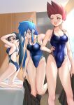  3girls absurdres ass barefoot besmiled black_eyes black_hair black_skirt blue_eyes blue_hair blue_swimsuit breasts competition_swimsuit feet_out_of_frame ghost_sweeper_mikami highleg highleg_swimsuit highres himuro_kinu ichimonji_mari kneeling large_breasts long_hair matching_outfit multiple_girls one-piece_swimsuit pleated_skirt ponytail red_eyes red_hair skirt spiked_hair standing swimsuit undressing yumi_kaori 