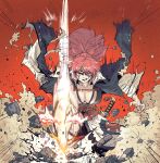 1girl absurdres action baiken black_jacket breasts cleavage dust eyepatch facial_mark guilty_gear guilty_gear_strive han_gong highres jacket jacket_on_shoulders japanese_clothes katana kimono large_breasts looking_at_viewer motion_lines open_clothes open_kimono red_background rock samurai sash scar scar_across_eye scar_on_face sheath sheathed shiny smile solo sword teeth tied_hair weapon wide_sleeves wind wind_lift 