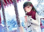  1girl bangs black_hair branch brown_eyes building coat commentary_request eyebrows_visible_through_hair hair_ornament highres holding_charm kobayashi_chisato long_hair open_mouth original outdoors overcast red_scarf scarf shrine shrine_bell snow snowing solo standing tree white_coat winter winter_clothes winter_coat 