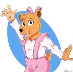  2020 accessory anthro berenstain_bears brown_body brown_fur claws clothed clothing fangs female fur hair_accessory hair_bow hair_ribbon hi_res looking_at_viewer mammal marcushunter open_mouth pink_clothing ribbons sister_bear smile solo spread_arms tongue ursid white_clothing 