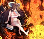  1girl absurdres antenna_hair bare_shoulders belly bow breasts brown_eyes brown_hair calendar_(object) cleavage collarbone eating food food_in_mouth foot_up full_body gym_shorts hair_between_eyes hair_bow hand_up highres holding holding_food huge_bow large_breasts long_hair looking_at_viewer molten_rock navel no_wings outstretched_leg popsicle reiuji_utsuho shorts sitting smile soles solo sports_bra stomach stone sunnysideup sweat third_eye toes touhou very_long_hair 