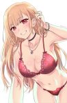  1girl ass_visible_through_thighs bangs bead_bracelet beads blonde_hair bra bracelet breasts choker cleavage ear_piercing eyebrows_visible_through_hair grin hair_between_eyes hand_up highres jewelry kitagawa_marin large_breasts leaning_forward lingerie long_hair looking_at_viewer necklace piercing red_bra red_eyes smile solo sono_bisque_doll_wa_koi_wo_suru twitter_username underwear underwear_only yano_takumi 