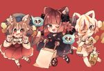  3girls :3 :d ;3 ;d animal_ear_fluff animal_ears bangs barefoot bell black_bow blunt_bangs bow bowtie braid bright_pupils brown_eyes brown_hair cat_ears cat_tail chen chibi claw_pose coin dress earrings fang forked_tail full_body goutokuji_mike hair_bow hair_ribbon hat highres jewelry jingle_bell kaenbyou_rin long_hair maneki-neko mob_cap multicolored_hair multiple_girls nekomata one_eye_closed orange_eyes petticoat ratto_(mobilis_1870) red_background red_dress red_eyes red_hair ribbon simple_background single_earring smile streaked_hair tail touhou tress_ribbon twin_braids twintails wheelbarrow white_bow white_bowtie 