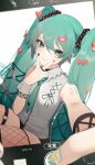  1girl aqua_eyes aqua_hair aqua_necktie bandaid bangs bare_shoulders blush breasts brown_shorts closed_mouth collared_shirt commentary_request cross-laced_clothes fishnet_legwear fishnets grey_shirt hair_between_eyes hair_ornament hand_on_own_face hand_up hatsune_miku heart heart_hair_ornament hiiragi_mikoto jewelry long_hair looking_at_viewer nail_art nail_polish necktie outstretched_arm phone_screen ring selfie shirt short_shorts shorts shoulder_tattoo sleeveless small_breasts smile solo tattoo thigh_strap thighhighs twintails v very_long_hair vocaloid white_background wrist_cuffs 